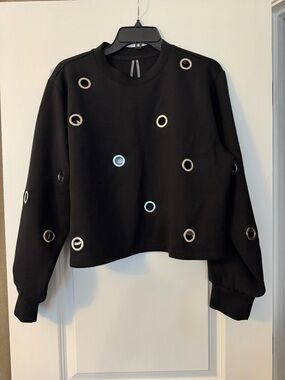 Anthropologie Black Grommet-Accent Cropped Sweatshirt